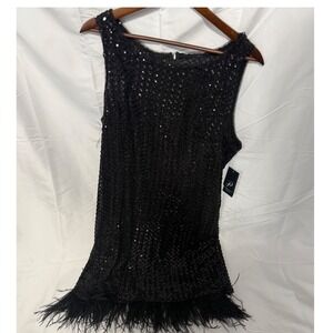 Adrianna Papell Black Sequin Feather‎ Flapper Dress Cocktail Party